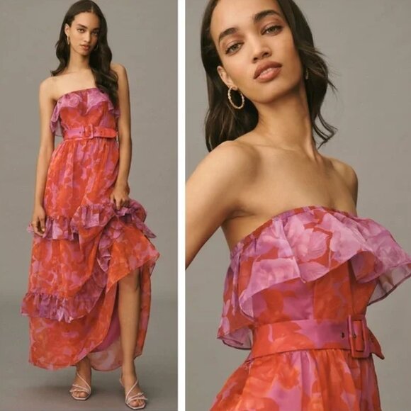 Anthropologie • Floral Strapless Tiered Belted Maxi Dress • Size S • Brand New - Picture 2 of 6